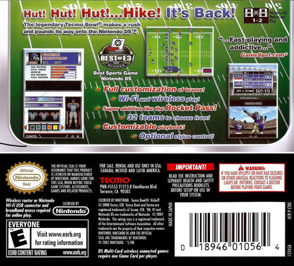 Tecmo Bowl: Kickoff for Nintendo DS arcade style American football video game featuring simplified NFL gameplay, fast paced matches, team customization, and stylus friendly handheld controls for classic gridiron action experience back cover