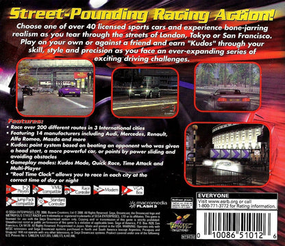 Metropolis Street Racer game for the Sega Dreamcast featuring arcade style street racing gameplay with real world inspired cities time based challenges vehicle tuning and a kudos scoring system emphasizing stylish driving and precision racing back cover art
