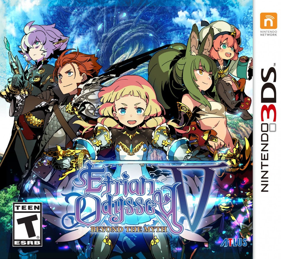 Etrian Odyssey V Beyond the Myth Nintendo 3DS video game featuring dungeon crawling role playing gameplay first person exploration party customization turn based combat map making character classes skill progression and classic Nintendo 3DS gameplay retro video game collection collectible gaming appeal cover art