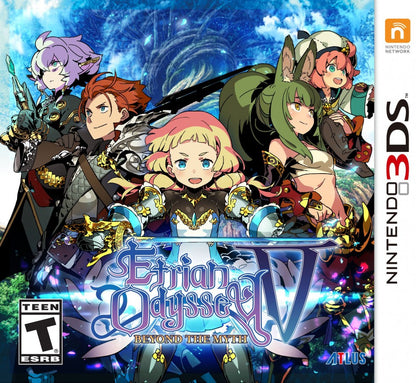 Etrian Odyssey V Beyond the Myth Nintendo 3DS video game featuring dungeon crawling role playing gameplay first person exploration party customization turn based combat map making character classes skill progression and classic Nintendo 3DS gameplay retro video game collection collectible gaming appeal cover art