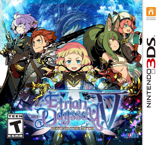 Etrian Odyssey V Beyond the Myth Nintendo 3DS video game featuring dungeon crawling role playing gameplay first person exploration party customization turn based combat map making character classes skill progression and classic Nintendo 3DS gameplay retro video game collection collectible gaming appeal cover art