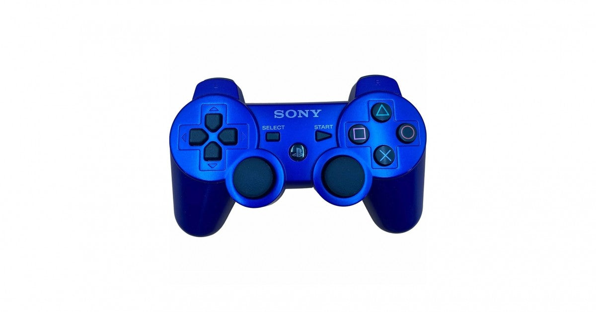 PS3 wireless controller in blue featuring dual analog sticks and classic PlayStation button layout
