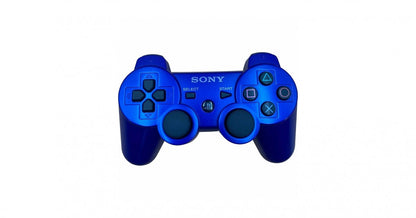 PS3 wireless controller in blue featuring dual analog sticks and classic PlayStation button layout