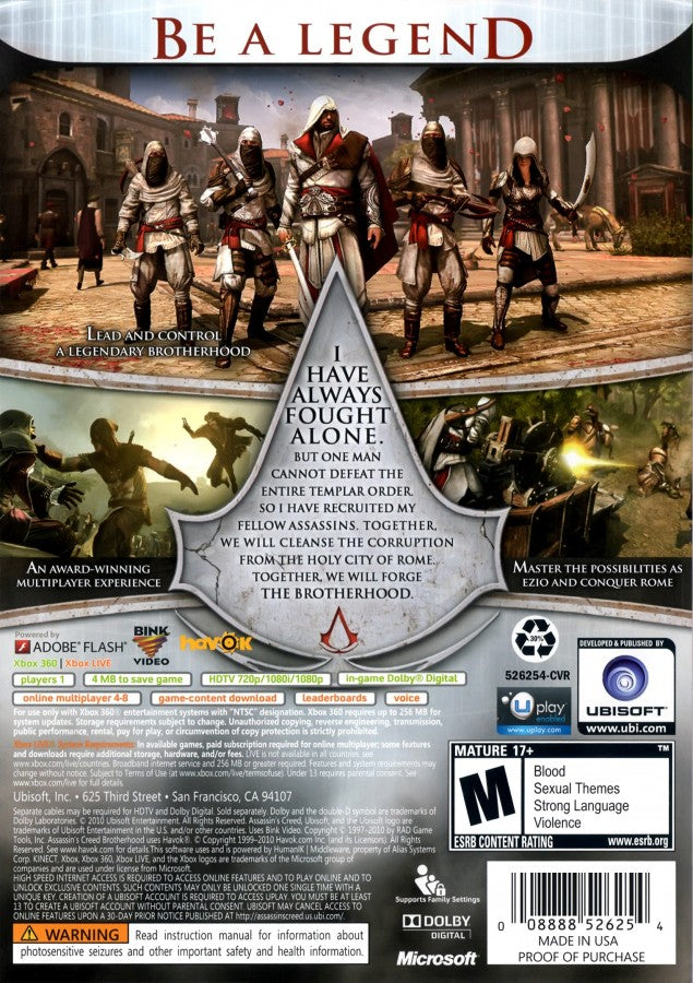 Assassin's Creed: Brotherhood back cover art for Xbox 360 (X360) action-adventure video game