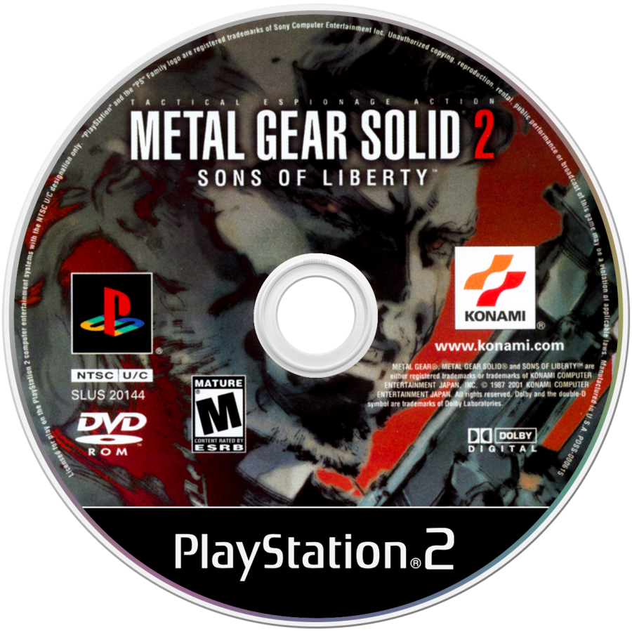 Metal Gear Solid 2: Sons of Liberty PlayStation 2 (PS2) disc art featuring stealth action gameplay with Solid Snake and Raiden in a cinematic espionage adventure.