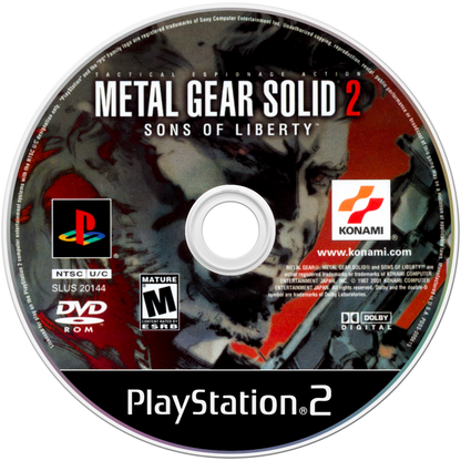 Metal Gear Solid 2: Sons of Liberty PlayStation 2 (PS2) disc art featuring stealth action gameplay with Solid Snake and Raiden in a cinematic espionage adventure.