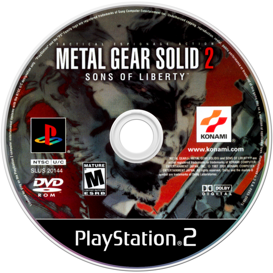 Metal Gear Solid 2: Sons of Liberty PlayStation 2 (PS2) disc art featuring stealth action gameplay with Solid Snake and Raiden in a cinematic espionage adventure.