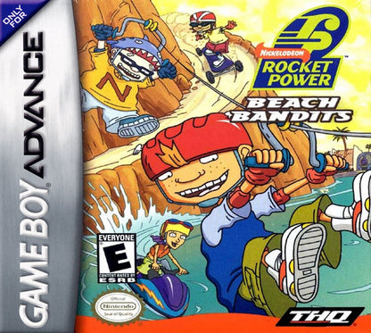 Rocket Power Beach Bandits for Game Boy Advance (GBA), cover image for a retro video game featuring action-adventure gameplay, extreme sports challenges, character-based missions, and cartoon-inspired beachside exploration