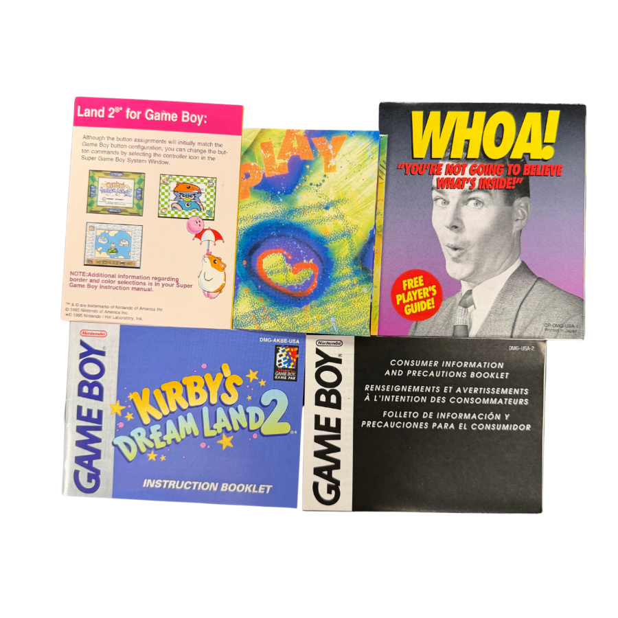 Kirby's Dream Land Game Boy GB for platforming video game fans featuring Kirby's classic adventure colorful levels power ups enemy abilities challenging boss battles side scrolling gameplay charming characters and classic Nintendo handheld gaming collectible retro Game Boy appeal manuals, inserts, play it loud poster, promotional material