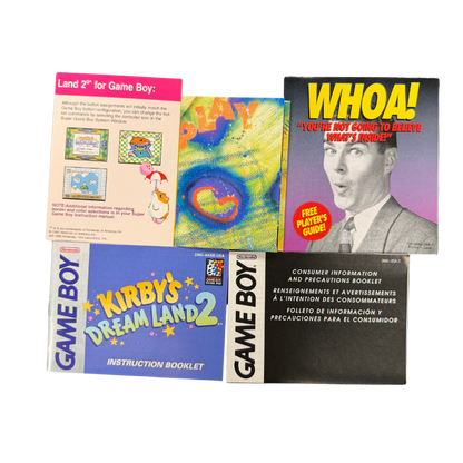 Kirby's Dream Land Game Boy GB for platforming video game fans featuring Kirby's classic adventure colorful levels power ups enemy abilities challenging boss battles side scrolling gameplay charming characters and classic Nintendo handheld gaming collectible retro Game Boy appeal manuals, inserts, play it loud poster, promotional material
