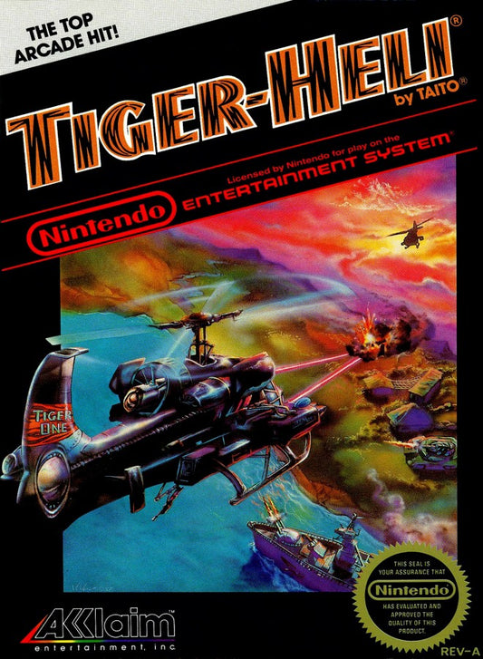 Tiger-Heli Complete in Box CIB Nintendo Entertainment System NES for retro video game enthusiasts featuring classic vertical scrolling shoot em up gameplay military helicopter combat fast paced arcade action challenging enemy formations complete in box collectible gaming appeal front cover