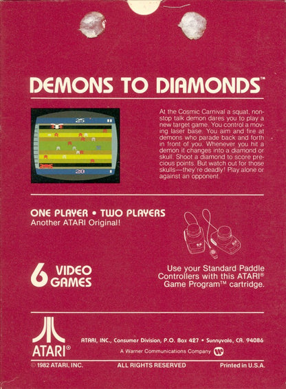Demons to Diamonds Atari 2600 inspired design featuring classic arcade shooter aesthetic vintage joystick gameplay minimalist pixel graphics retro score chasing action early home console gaming history nostalgic Atari presentation back cover