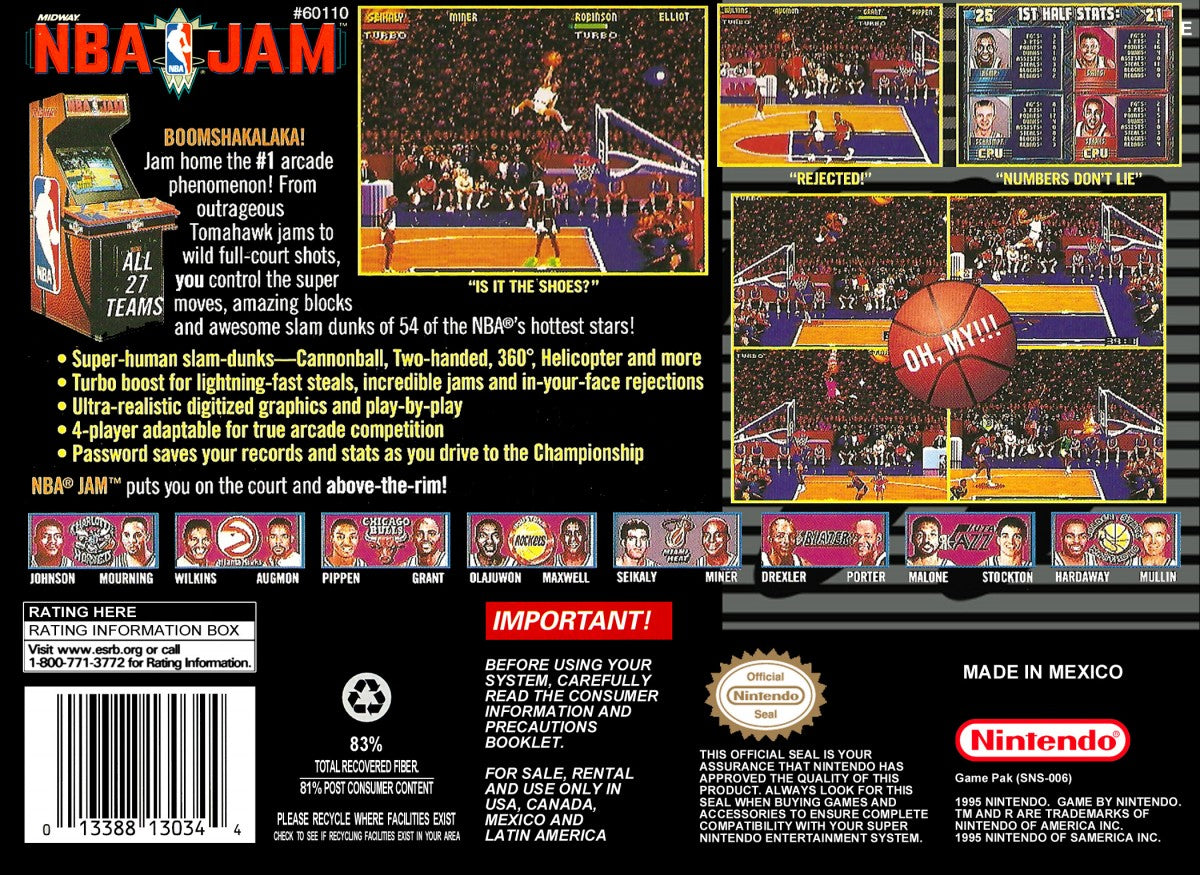 NBA Jam Super Nintendo Entertainment System SNES arcade basketball video game over the top two on two fast paced action turbo button flaming nets hang time dunks secret players multiplayer Midway 90s sports classic original arcade version back box cover