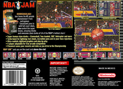 NBA Jam Super Nintendo Entertainment System SNES arcade basketball video game over the top two on two fast paced action turbo button flaming nets hang time dunks secret players multiplayer Midway 90s sports classic original arcade version back box cover