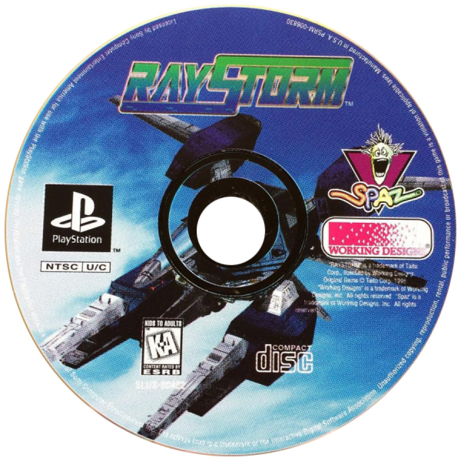 RayStorm PlayStation 1 PS1 3D arcade spaceship shoot 'em up vertical arcade-style shmup port lock-on targeting system shooter arcade port high difficulty sci-fi graphics explosions boss fights music ray series giant ships disc art
