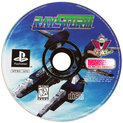RayStorm PlayStation 1 PS1 3D arcade spaceship shoot 'em up vertical arcade-style shmup port lock-on targeting system shooter arcade port high difficulty sci-fi graphics explosions boss fights music ray series giant ships disc art