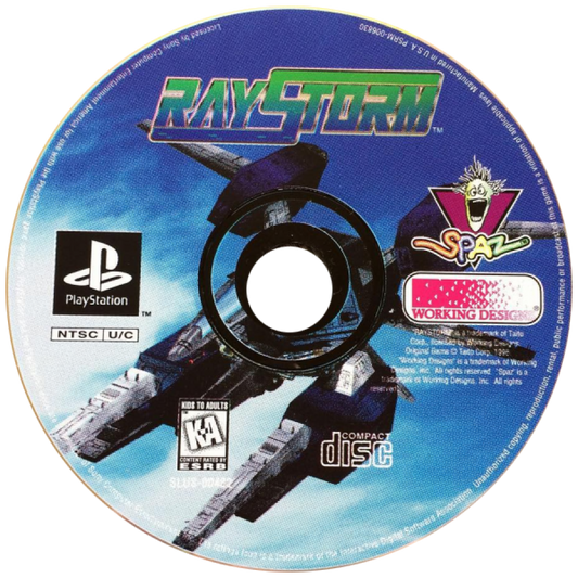 RayStorm PlayStation 1 PS1 3D arcade spaceship shoot 'em up vertical arcade-style shmup port lock-on targeting system shooter arcade port high difficulty sci-fi graphics explosions boss fights music ray series giant ships disc art