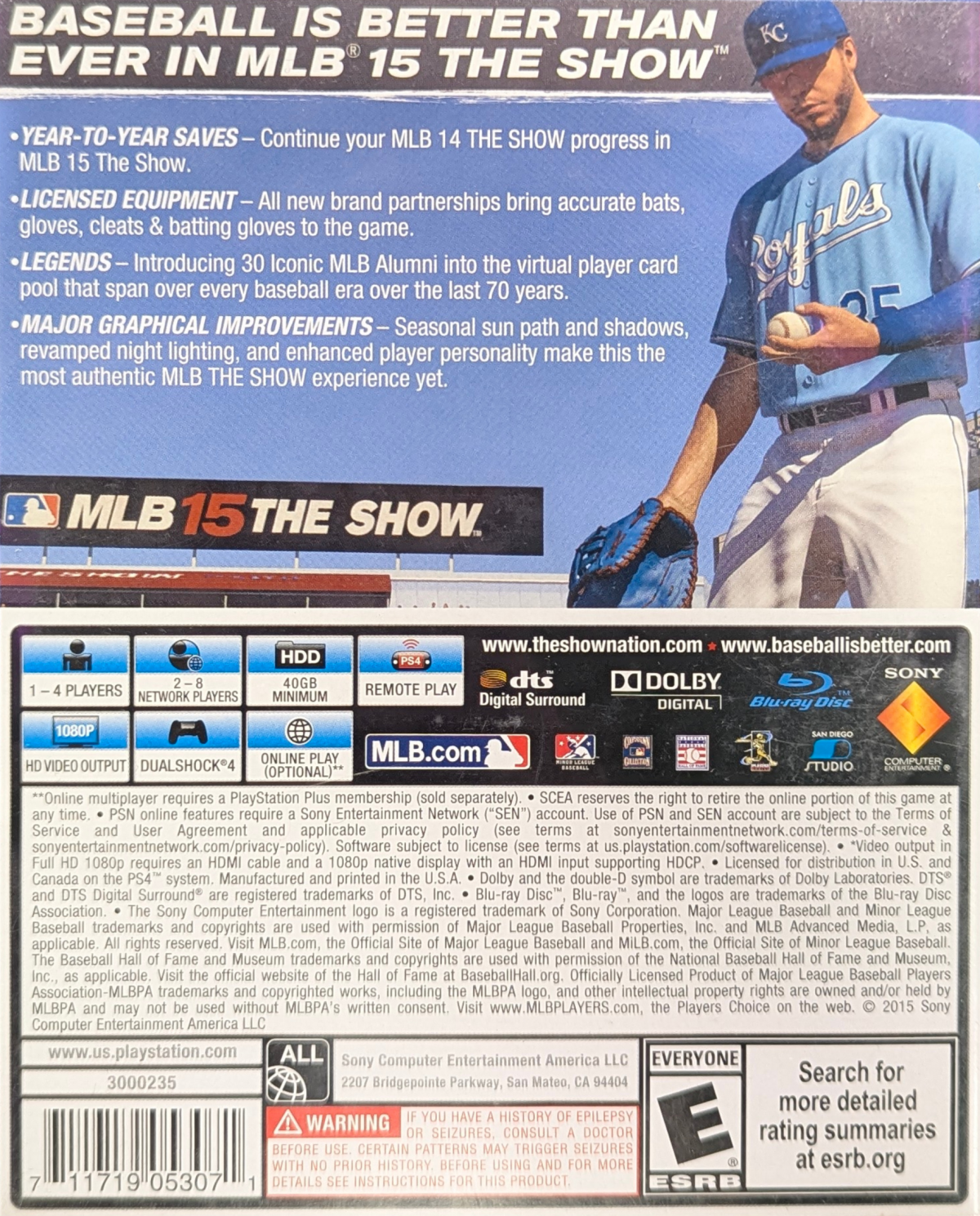 MLB 15: The Show for PlayStation 4 (PS4) at Gamers INC, featuring authentic Major League Baseball gameplay with improved controls, enhanced presentation, and deep modes like Road to the Show and Franchise to build your career and lead your team to a World Series championship back cover