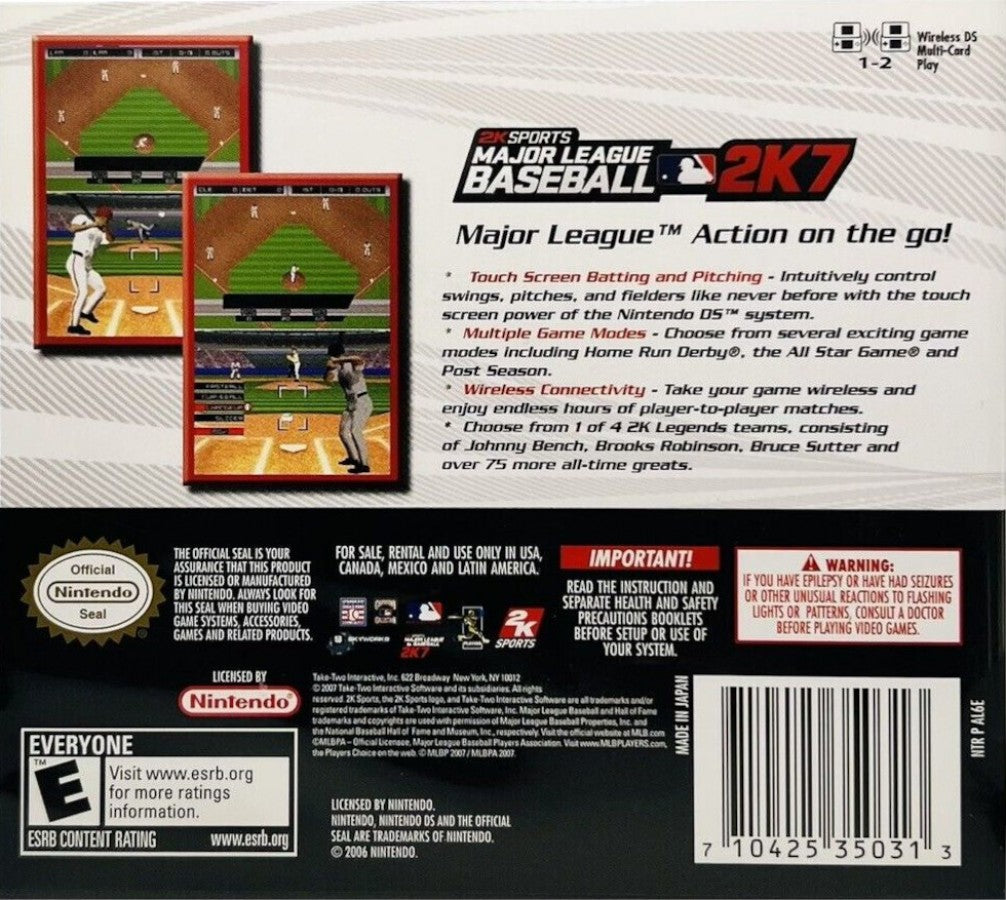 Major League Baseball 2K7 back of case for Nintendo DS (DS) baseball sports video game