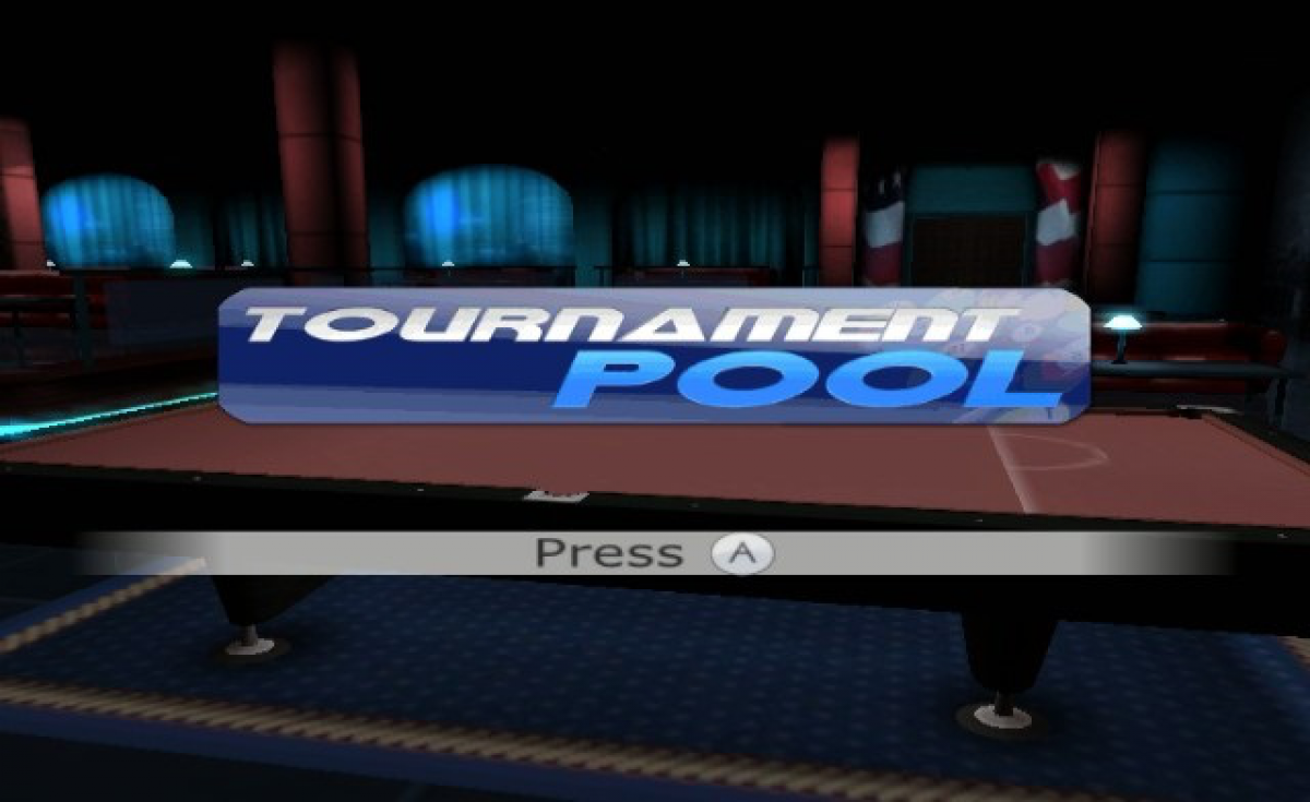 Tournament Pool title screen for Nintendo Wii (Wii) featuring realistic cue‑sports gameplay with 9‑ball, 8‑ball, and snooker modes, plus competitive tournaments.