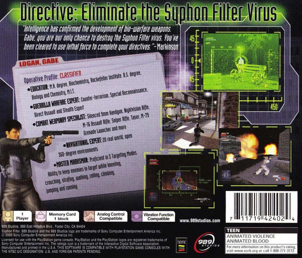 Syphon Filter [Greatest Hits] – PlayStation 1 (PS1) back of case for retro video game