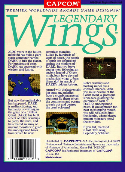 Legendary Wings Nintendo Entertainment System NES video game featuring side scrolling shoot em up gameplay winged hero action aerial combat enemy waves power ups boss battles fantasy environments and classic 8 bit arcade action retro video game collection collectible gaming appeal back cover art