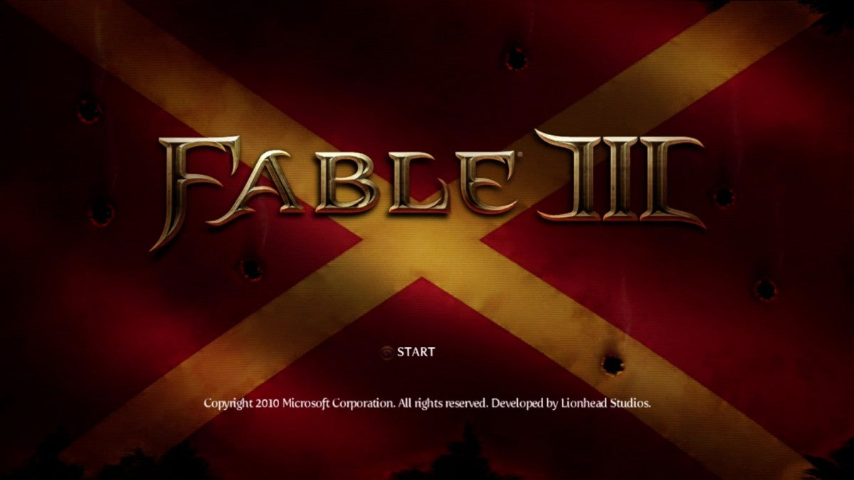 Fable III start screen for Xbox 360 (X360) action role-playing video game