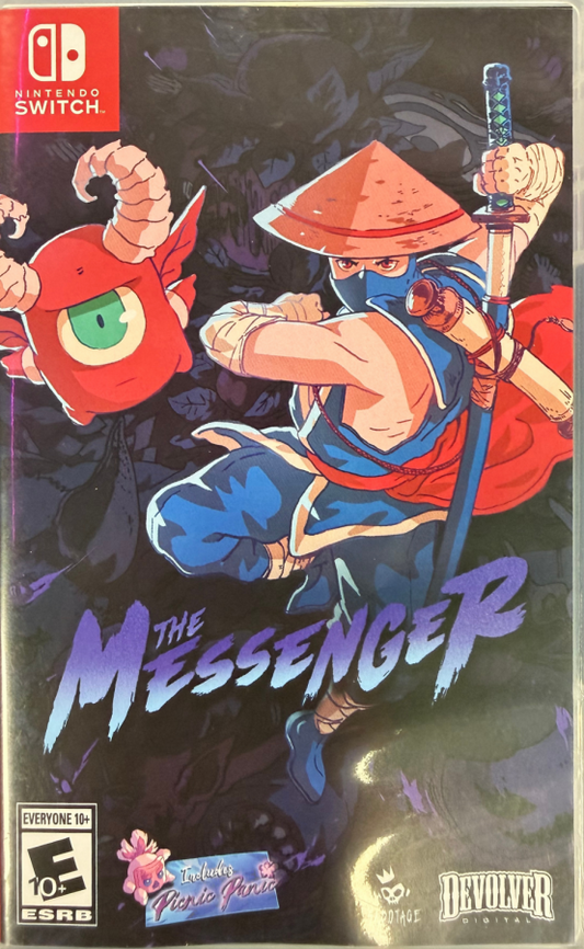 The Messenger Nintendo Switch inspired design featuring ninja action platform adventure aesthetic time traveling storyline pixel art visuals challenging combat acrobatic movement retro inspired gameplay interconnected world exploration presentation cover art