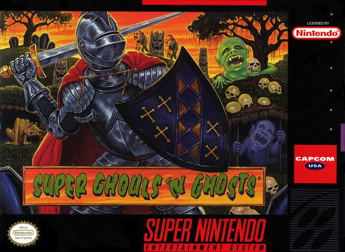 Retro Super Ghouls n Ghosts SNES inspired design featuring classic side scrolling action platformer aesthetic dark fantasy monsters medieval knight armor challenging arcade gameplay gothic horror atmosphere nostalgic Super Nintendo presentation front art 