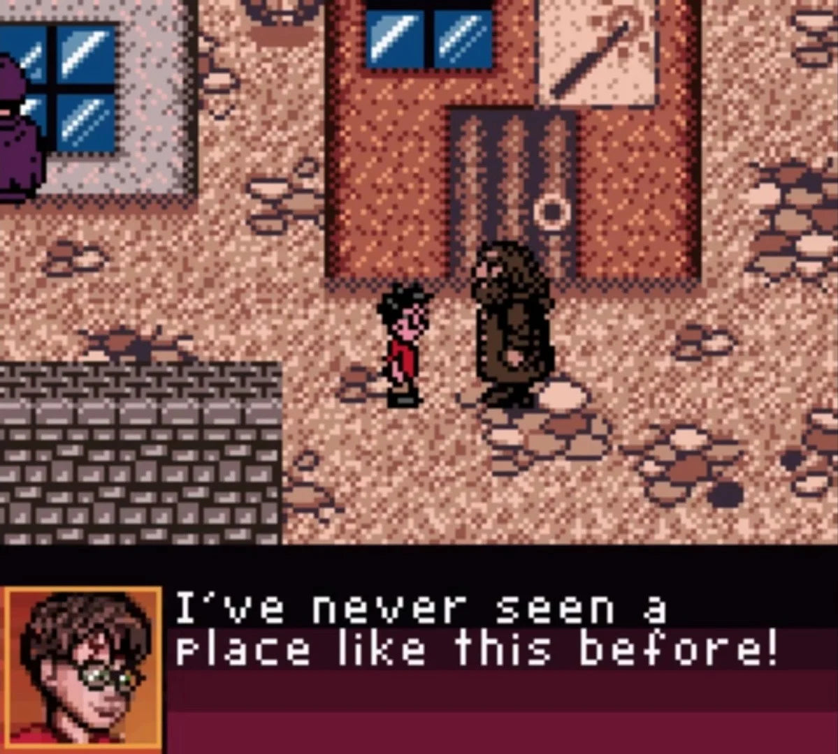 Harry Potter and the Sorcerers Stone Game Boy Color GBC action-RPG video game top-down perspective spell casting potion making puzzle solving platforming elements exploring Hogwarts collecting chocolate frogs gameplay screenshot