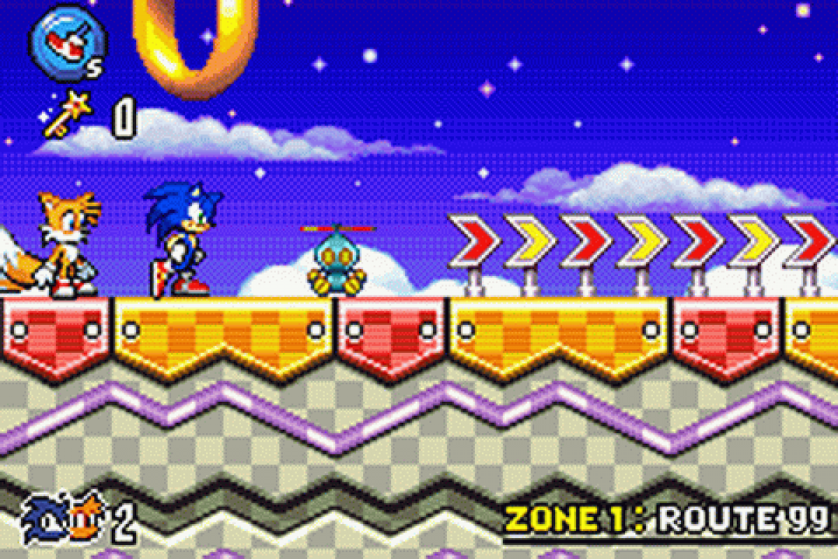 Sonic Advance 3 for Game Boy Advance (GBA), gameplay for a retro video game featuring fast-paced platforming gameplay, side-scrolling action, multiplayer co-op, collectible rings, and iconic character-based adventures