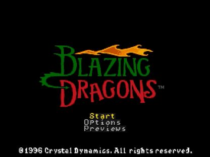 Blazing Dragons for Sega Saturn (SS) at Gamers INC, featuring the whimsical point-and-click adventure based on the cult-classic animated series from Monty Python’s Terry Jones; play as Flicker, a commoner dragon with noble dreams, as you solve clever puzzles, engage in witty dialogue, and navigate the "Knights of the Round Table" parody to win the Dragon Tournament and the heart of Princess Flame in this charmingly eccentric 32-bit quest main menu tiitle screen