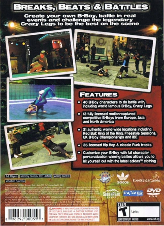 Retro B-Boy PlayStation Portable inspired design featuring classic hip hop breakdancing game aesthetic vintage PSP street culture freestyle dance battles urban graffiti style music rhythm gameplay nostalgic handheld gaming presentation back cover 