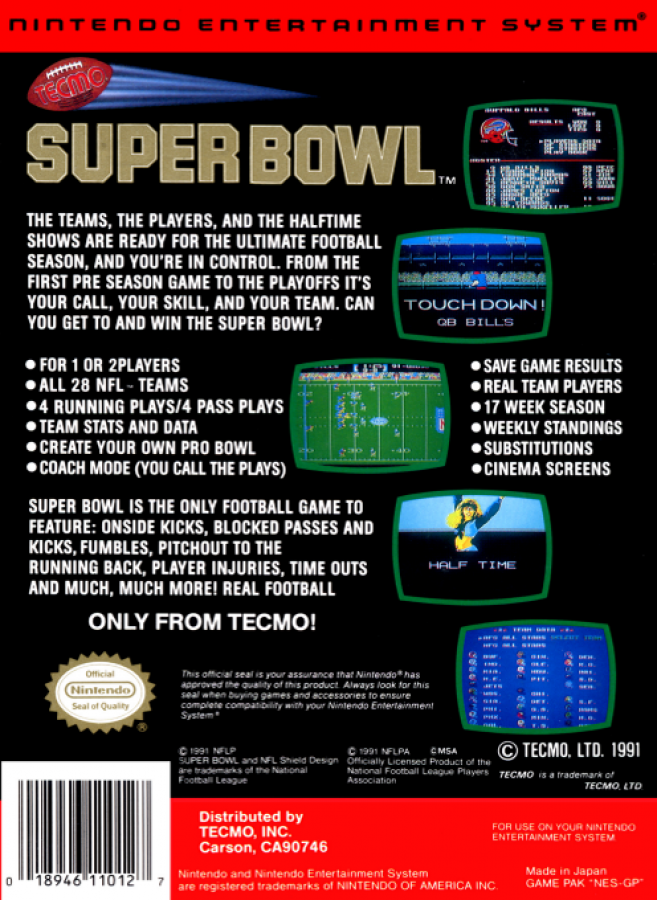 Tecmo Super Bowl back of box for Nintendo Entertainment System (NES) retro video game
