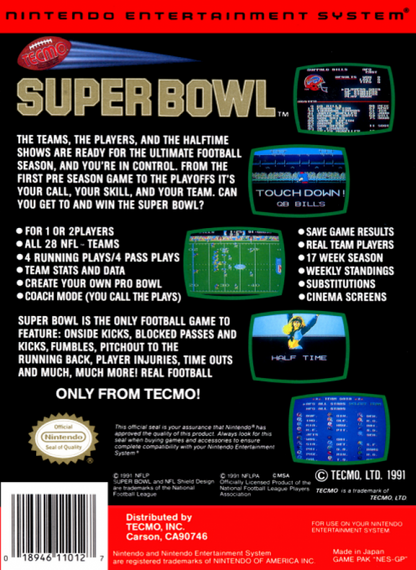Tecmo Super Bowl back of box for Nintendo Entertainment System (NES) retro video game