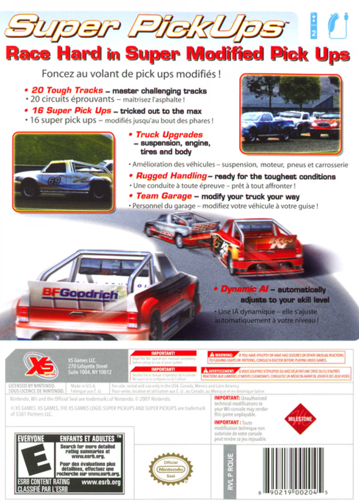 Super Pickups Nintendo Wii for off road racing video game fans featuring pickup truck driving rugged terrain racing events vehicle customization challenging tracks arcade style gameplay stunt action and multiplayer competition collectible gaming appeal back cover art