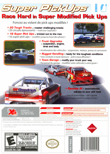 Super Pickups Nintendo Wii for off road racing video game fans featuring pickup truck driving rugged terrain racing events vehicle customization challenging tracks arcade style gameplay stunt action and multiplayer competition collectible gaming appeal back cover art
