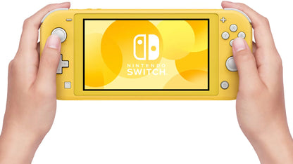 Person holding a yellow Nintendo Switch Lite console from the front, showing the bright yellow casing, integrated controls, and display screen.