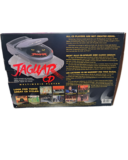 Retro Atari Jaguar CD System complete in box inspired design featuring rare retro gaming hardware aesthetic vintage multimedia console add on compact disc technology futuristic 90s gaming innovation collectible classic gaming presentation box back