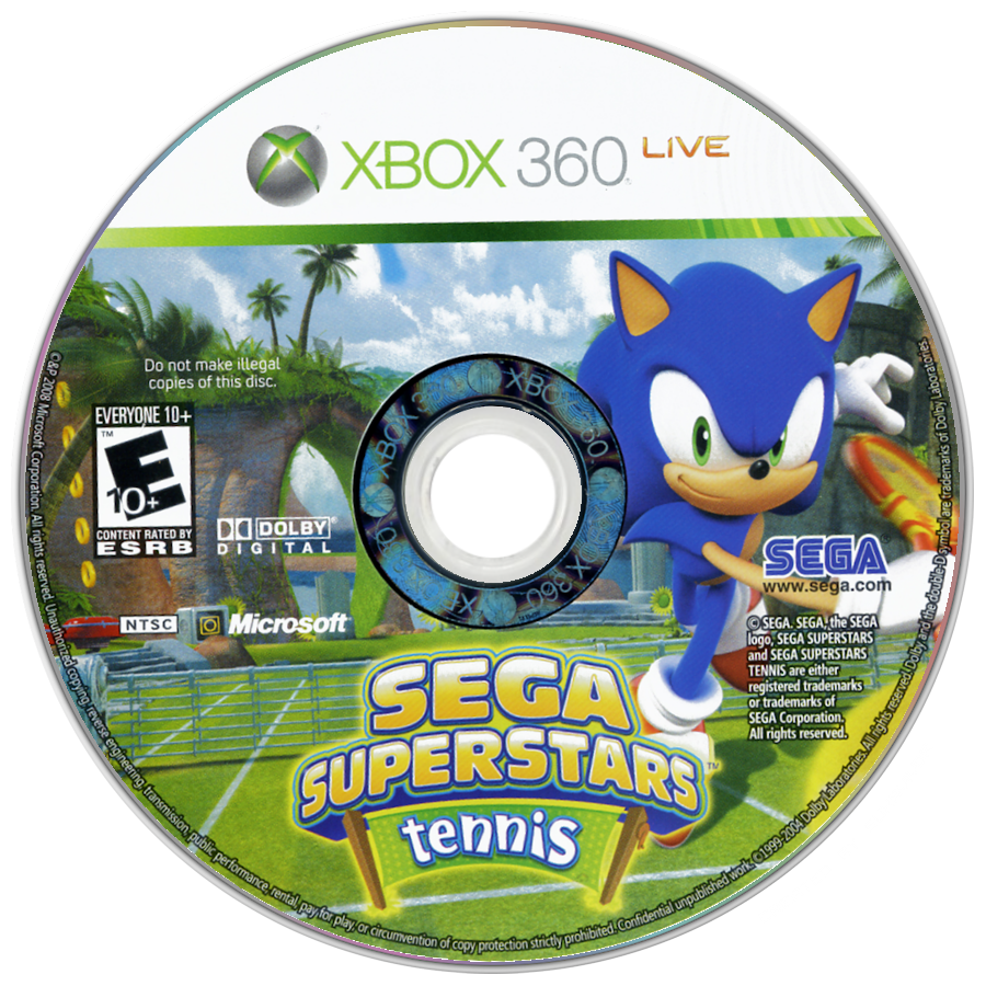 Sega Superstars Tennis and Xbox Live Arcade Xbox 360 inspired design featuring arcade sports and classic gaming collection aesthetic iconic Sega characters colorful tennis competition downloadable arcade favorites fast paced multiplayer action family friendly entertainment nostalgic HD era presentation disc 1 