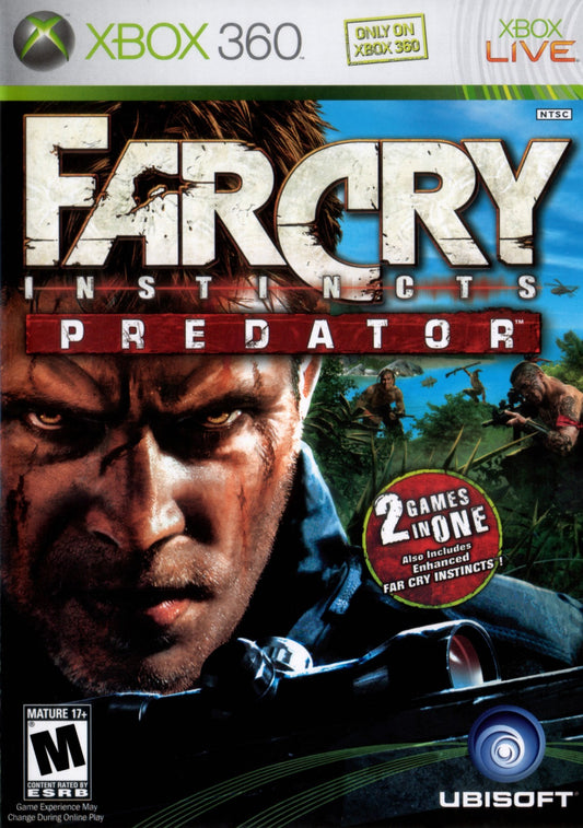 Far Cry Instincts Predator Xbox 360 first person shooter featuring open ended tropical island environments enhanced predator abilities stealth and action gameplay vehicle combat multiplayer modes and intense survival combat by Ubisoft cover