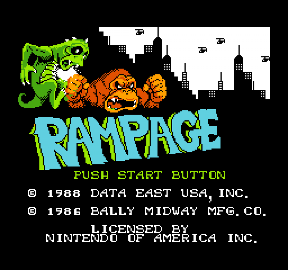 Rampage Nintendo Entertainment System NES arcade-style action video game featuring giant monsters smashing buildings battling military forces climbing skyscrapers destroying cities and classic Nintendo Entertainment System NES gameplay collectible retro gaming appeal gameplay