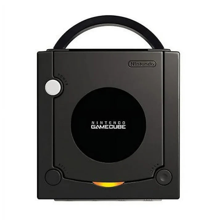 Top-down view of a black Nintendo GameCube console showing its square design, circular disc lid, and centered logo.