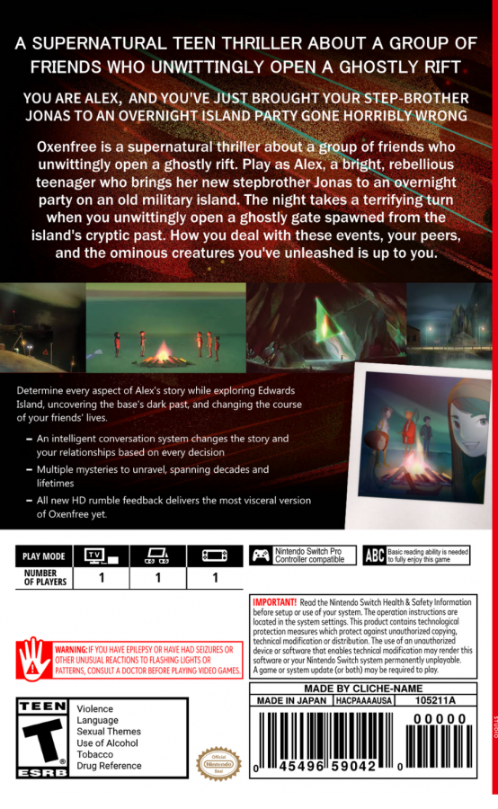 Oxenfree Limited Run #010 Nintendo Switch inspired design featuring supernatural narrative adventure aesthetic mysterious island exploration eerie radio signal phenomena branching dialogue choices atmospheric storytelling suspenseful mystery gameplay collectible limited release presentation back cover