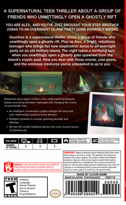 Oxenfree Limited Run #010 Nintendo Switch inspired design featuring supernatural narrative adventure aesthetic mysterious island exploration eerie radio signal phenomena branching dialogue choices atmospheric storytelling suspenseful mystery gameplay collectible limited release presentation back cover