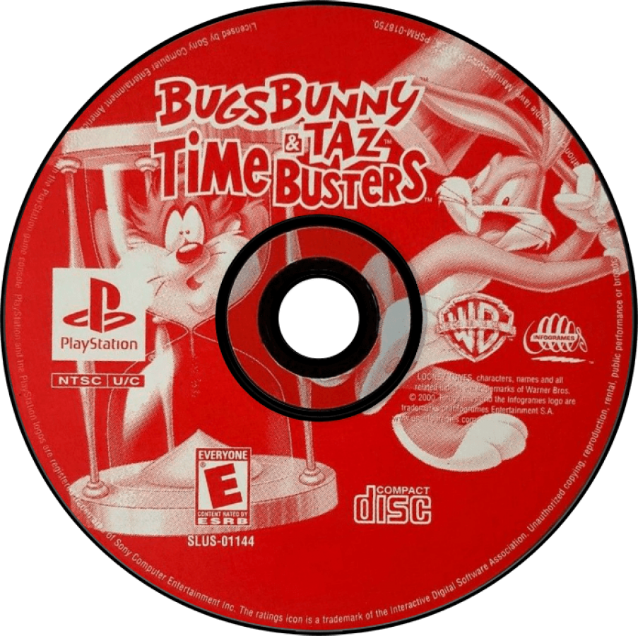Bugs Bunny and Taz Time Busters PlayStation 1 game featuring cartoon-style platforming, time-travel adventures, and classic Looney Tunes humor disc