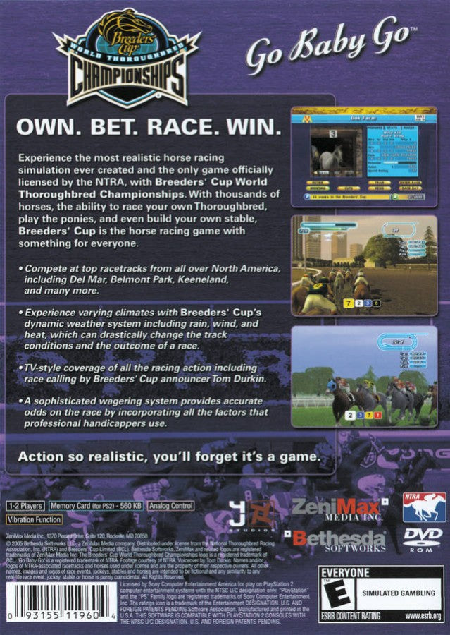 Breeders' Cup World Thoroughbred Championships for PlayStation 2 with professional horse racing simulation theme back cover art