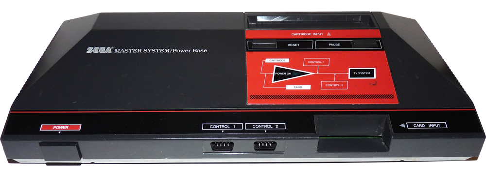 Sega Master System console inspired design featuring classic 8 bit gaming hardware aesthetic vintage Sega home entertainment system iconic cartridge based gameplay retro gaming history nostalgic console presentation console front 