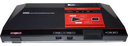 Sega Master System console inspired design featuring classic 8 bit gaming hardware aesthetic vintage Sega home entertainment system iconic cartridge based gameplay retro gaming history nostalgic console presentation console front 