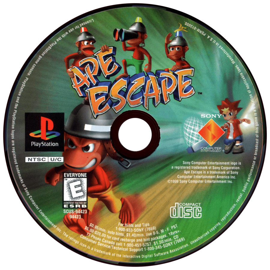 Ape Escape for PlayStation 1 action platformer featuring Spike capturing runaway monkeys using gadgets dual analog controls colorful levels and adventure gameplay disc